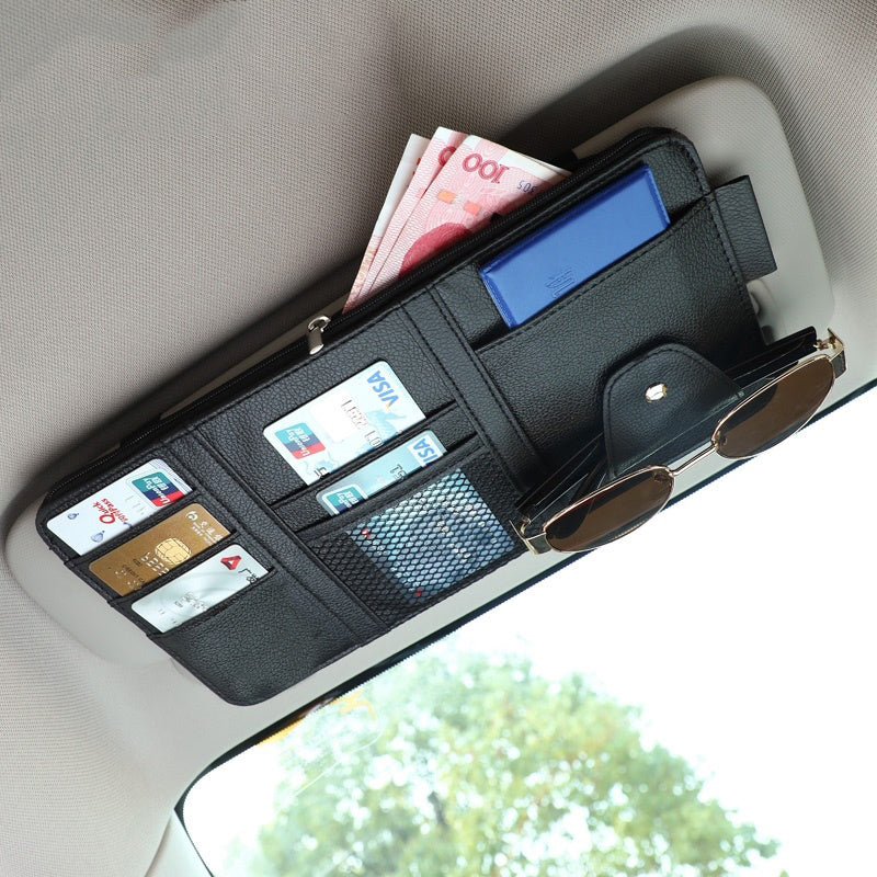 Leather Car Sun Visor Organizer with Multi-Pocket Net Zipper